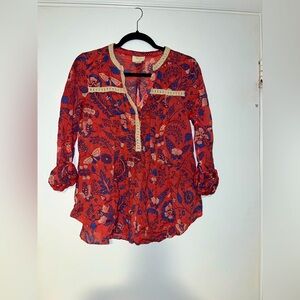 Anthropologie Maeve Abella Butterfly Floral Blouse‎ Size 6 Floral Boho Cottage